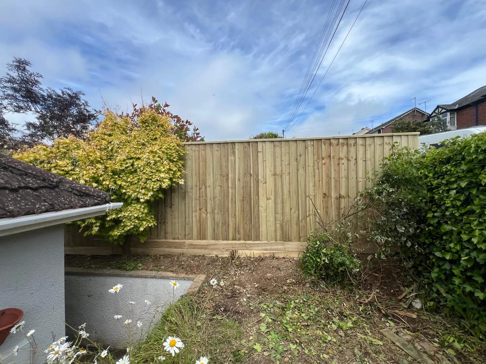Completed fence installation in a Torquay garden with shrubs and trees