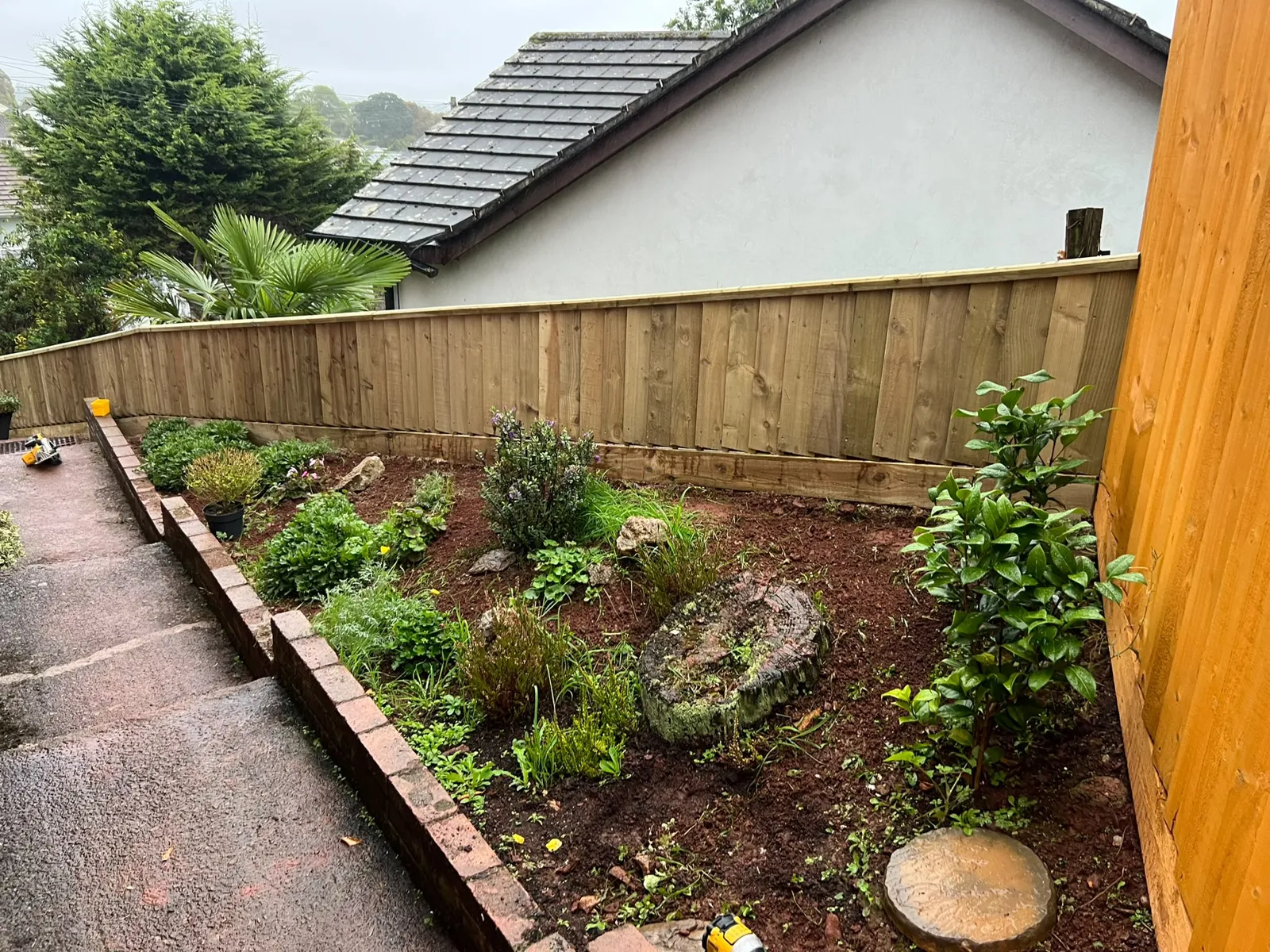 Low closeboard boundary fence beside a flower bed in a Paignton garden