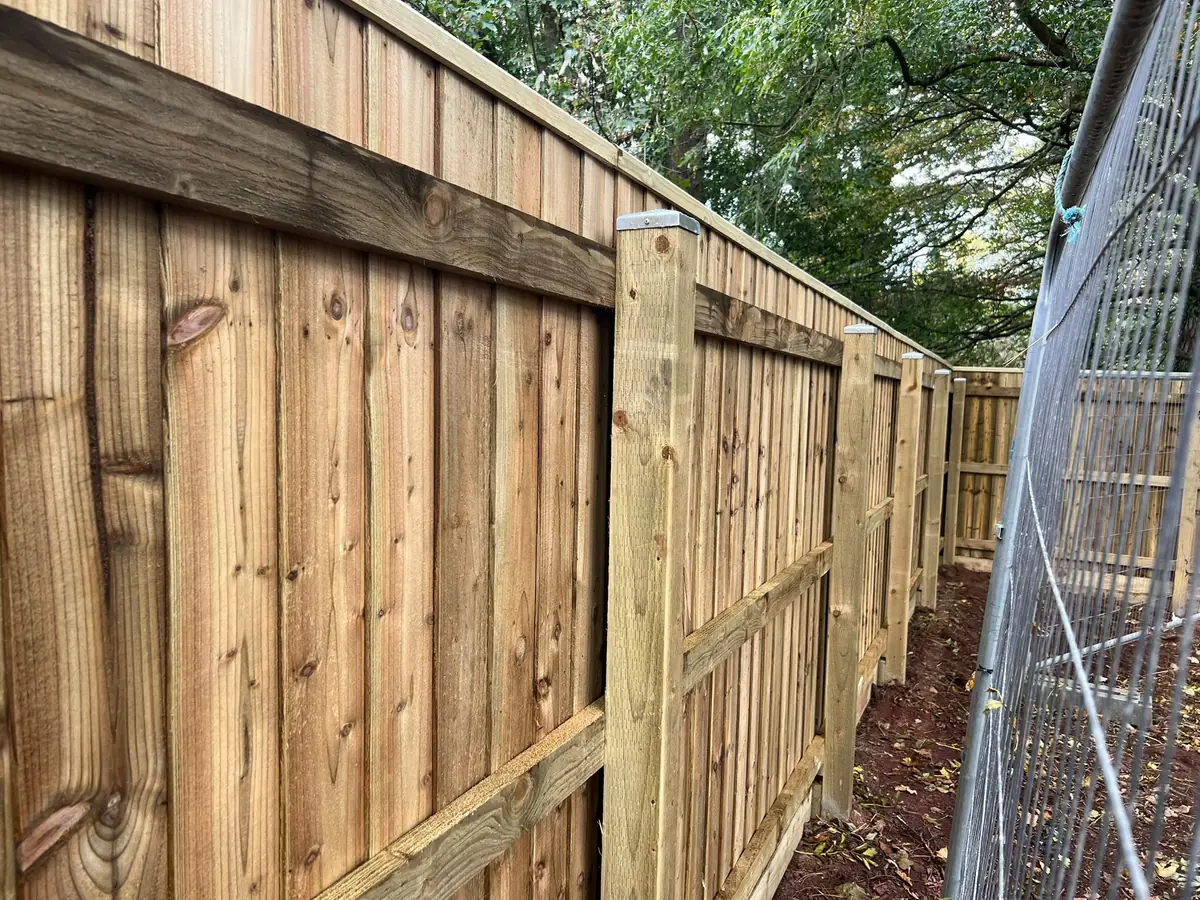 Rear of a new featherboard fence in Wellswood, Torquay, showing posts with galvanised caps, rails and gravel boards